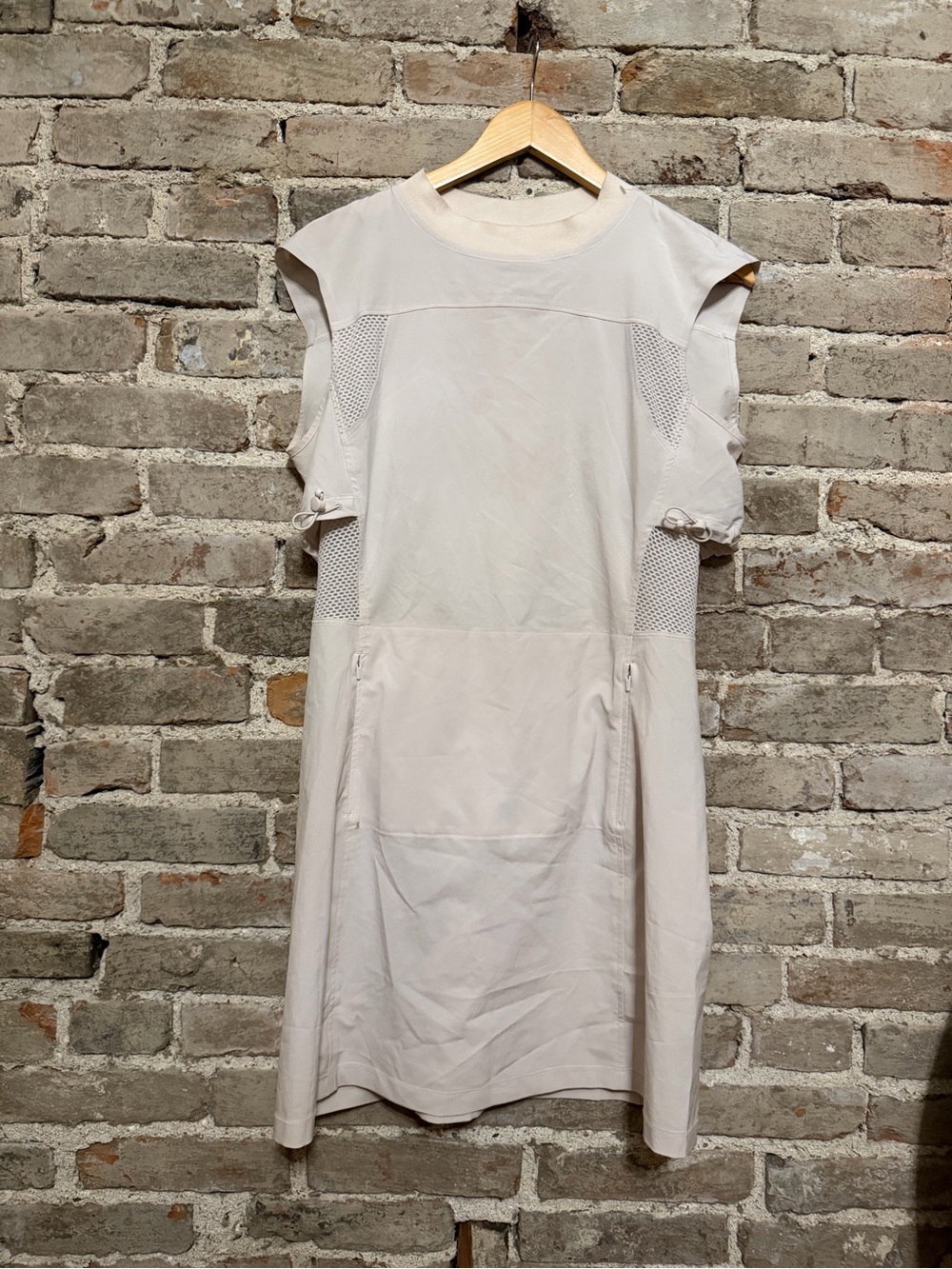 Athleta Light Beige Mesh-Panel Midi Shift Dress